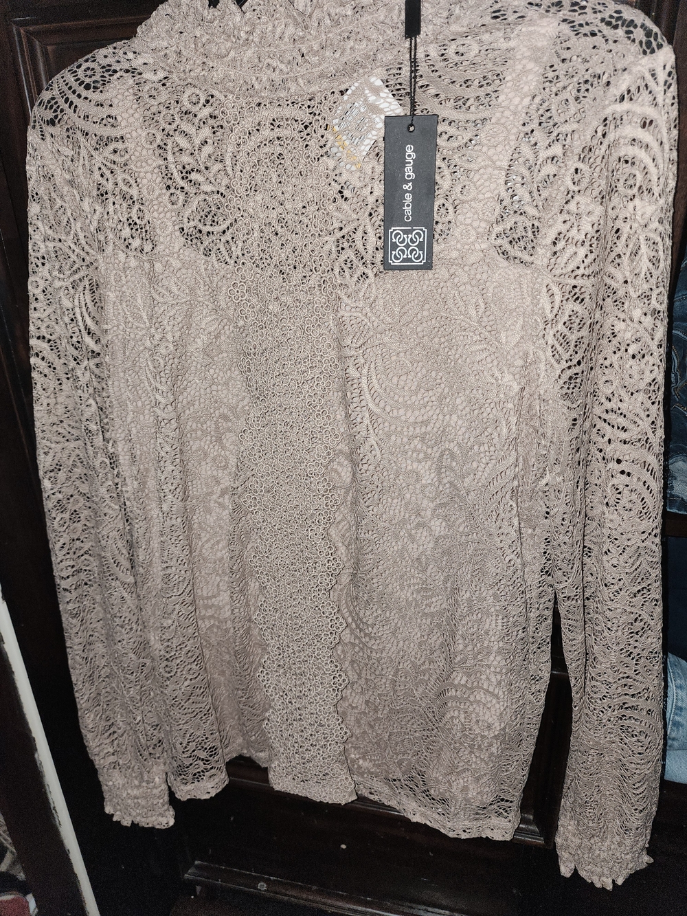Cable & Gauge Crochet Lace Long Sleeve Top - Taupe - Picture 2 of 2